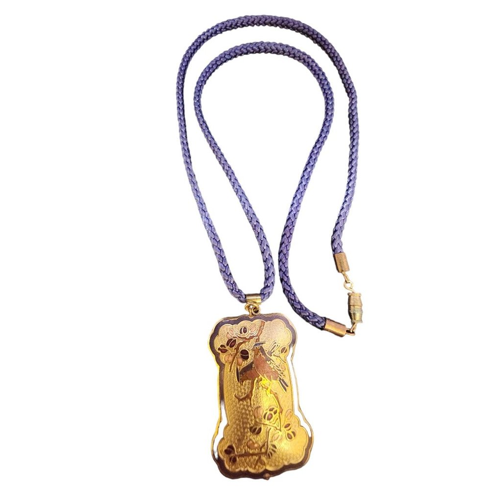 Vintage Chinese Export Enamel Bird Pendant on Rope Necklace (A4030)